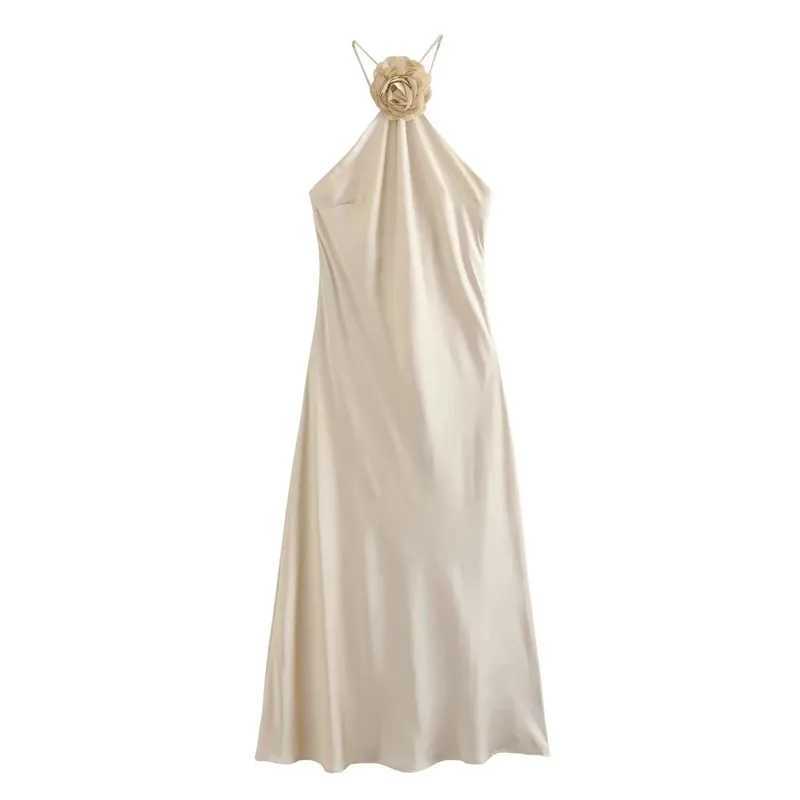 TRAF Flower Halter Dress Woman Off Shoulder Satin Long Dress Women Backless Sexy Evening Dresses Summer Party Dresses For WomenXJ250514