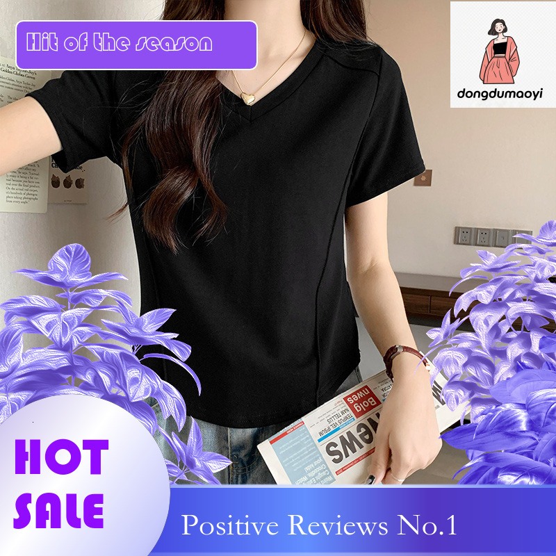 dongdumaoyi Korean version irregular hem slim fit inner V-neck sleeved T-shirt for women's summer waist cinching base shirt pure desire short top
