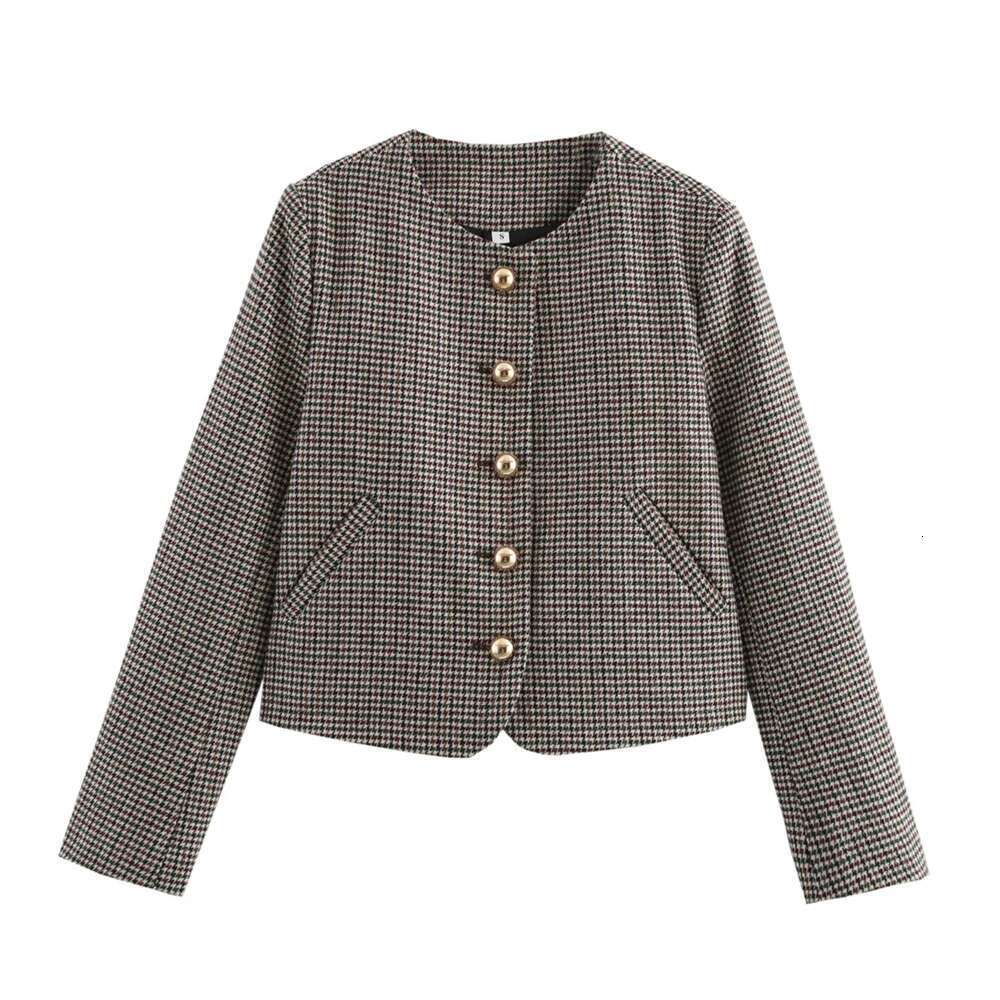 BM&MD&ZA Women's Cropped Checkered Jacket with Gold Buttons Classic Plaid Pattern Long Sleeves for a Stylish Look