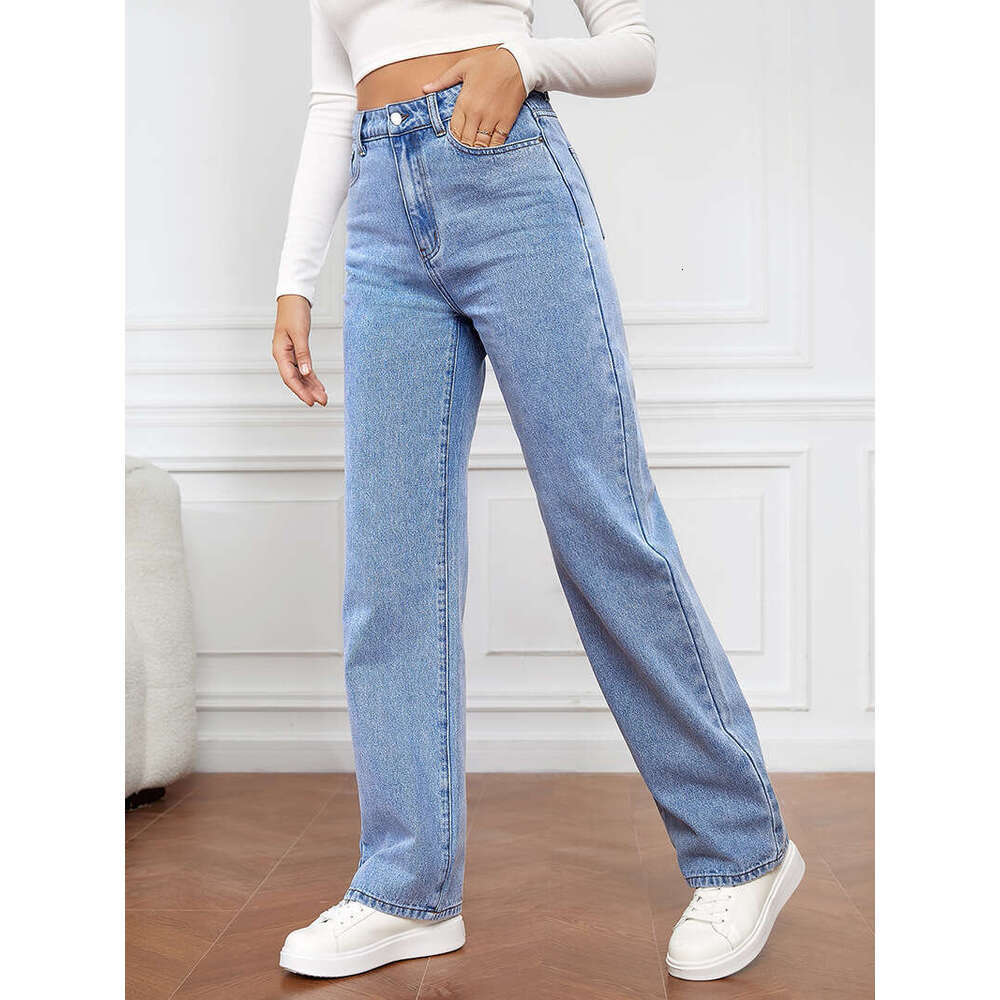 2025 Stretch Washed Denim Fashionable Straight Leg Long High Waisted Jeans Pants for Women New Product All-match Model Leisure and Leisure Loose