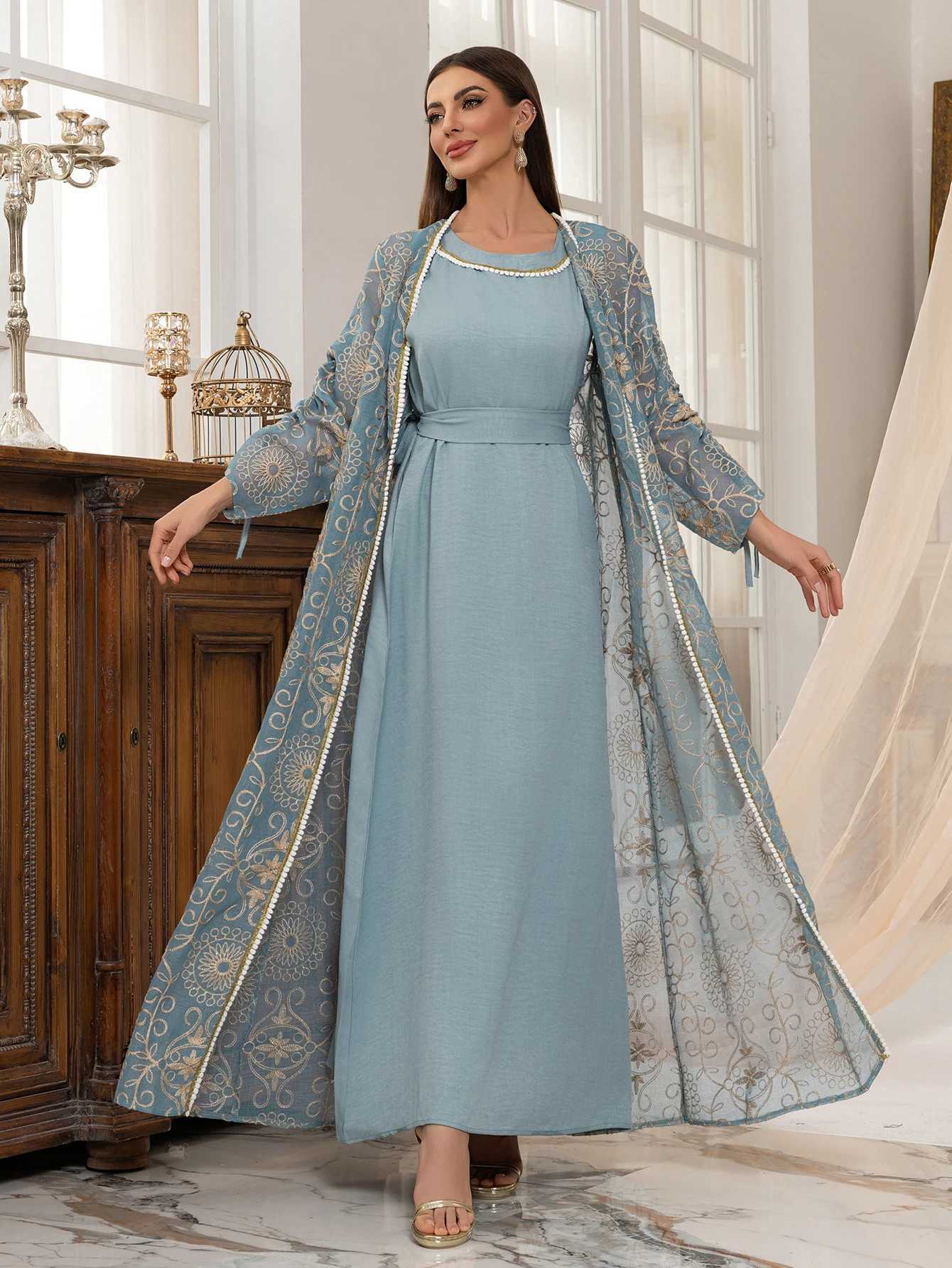 Muslim Intricate Embroidered Abaya set with Belt Design Ideal for UAE Dubai Middle East Wedding Ramadan Formal Modest Fashion X250514
