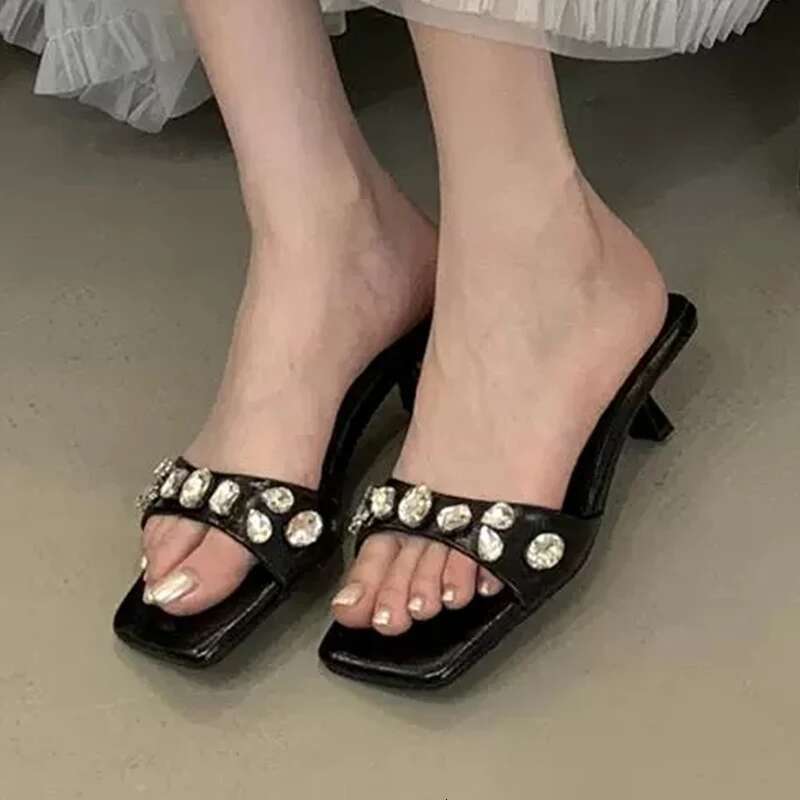 Crystal Women Slippers Square Toe High Heels Woman Sandals 2025 Summer Brand Sexy Party Shoes Zapatillas De Mujer