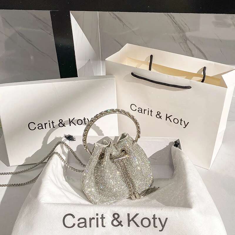 Rhinestones Dia Evening Clutch Designer Metal Ring Women's Handbag Wedding Party Bling Bucket Purse Shoulder Bag