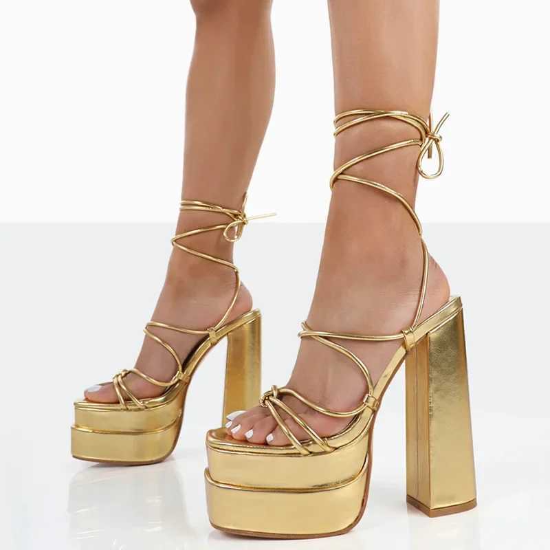 2022 New Brand Spring Summer Sandals Open Toe Chunky Platform High Thick Heel Women Sexy Elegant Party Office Lace Up Shoes W250514