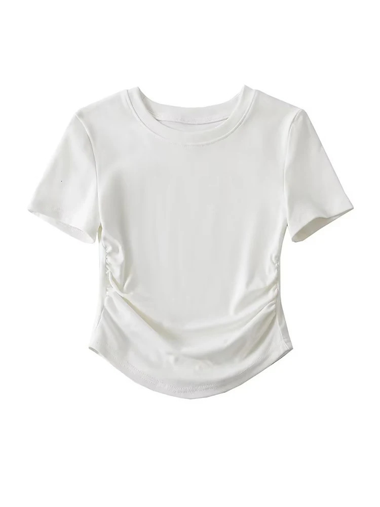 Harajuku Women Crew Neck Short Sleeve Cotton Tee With Ruched Sides Detail Tshirts 250514