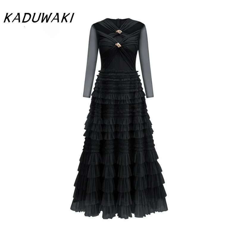 KADUWAKI Fall And Winter Fashion V-Neck Long-Sleeved Crossover Robe Temperament Elegant Slim Pleated Resort A-Line Bodycon Dress