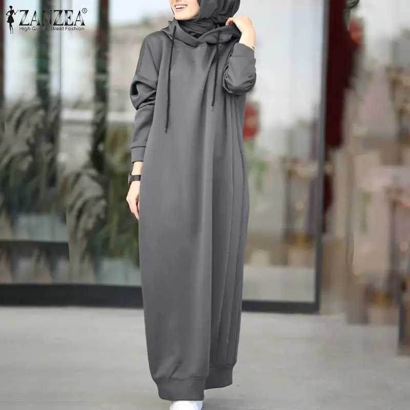Women Winter Pullovers ZANZEA 2025 Stylish Hooded Hoodies Dress Casual Long Slve Maxi Vestidos Female Drawstring Robe Femme X250514