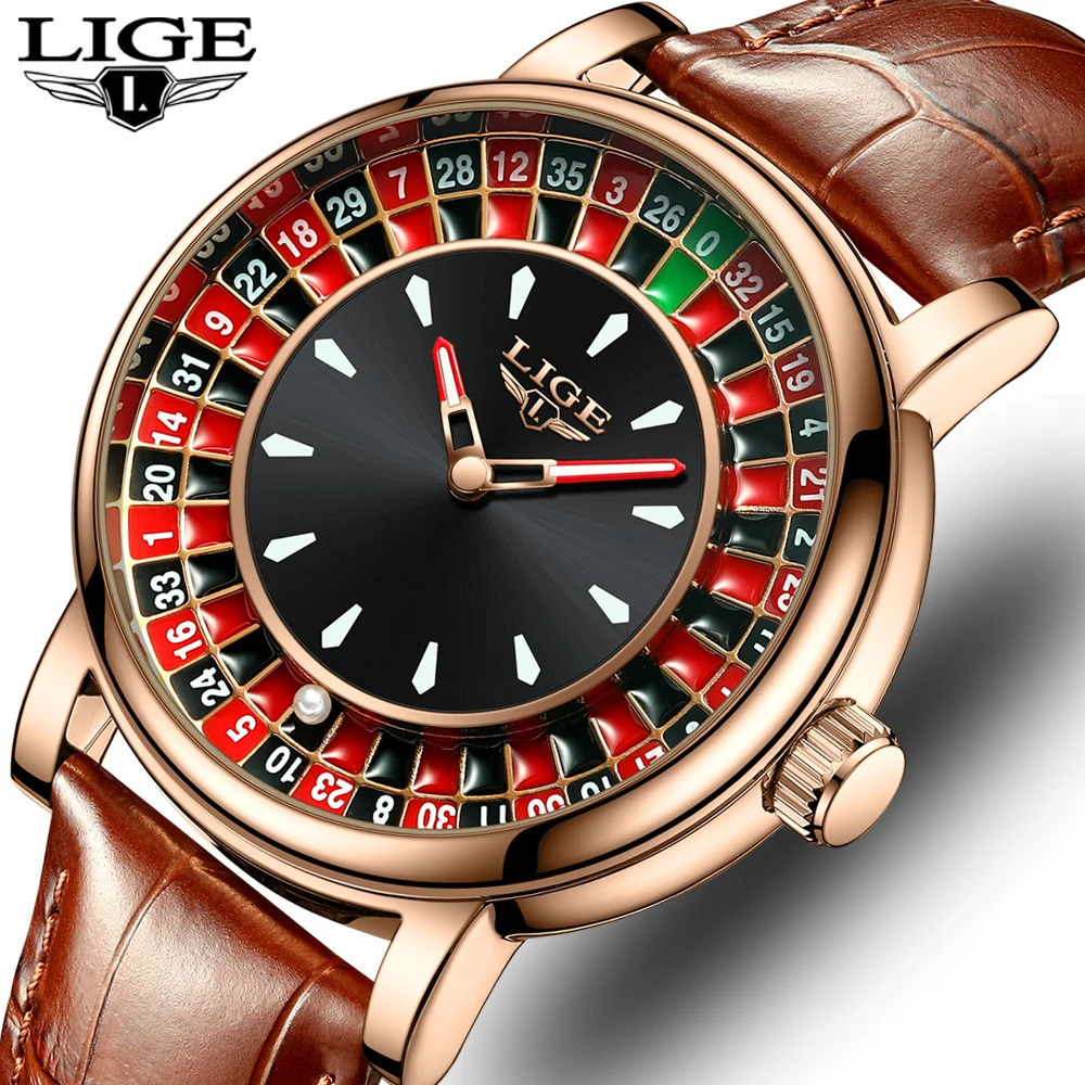 LIGE Fashion Brown Leather Men Watch Rotating Dial Las Vegas Roulette Desktop Theme Waterproof Luminous Clock Watches 250509