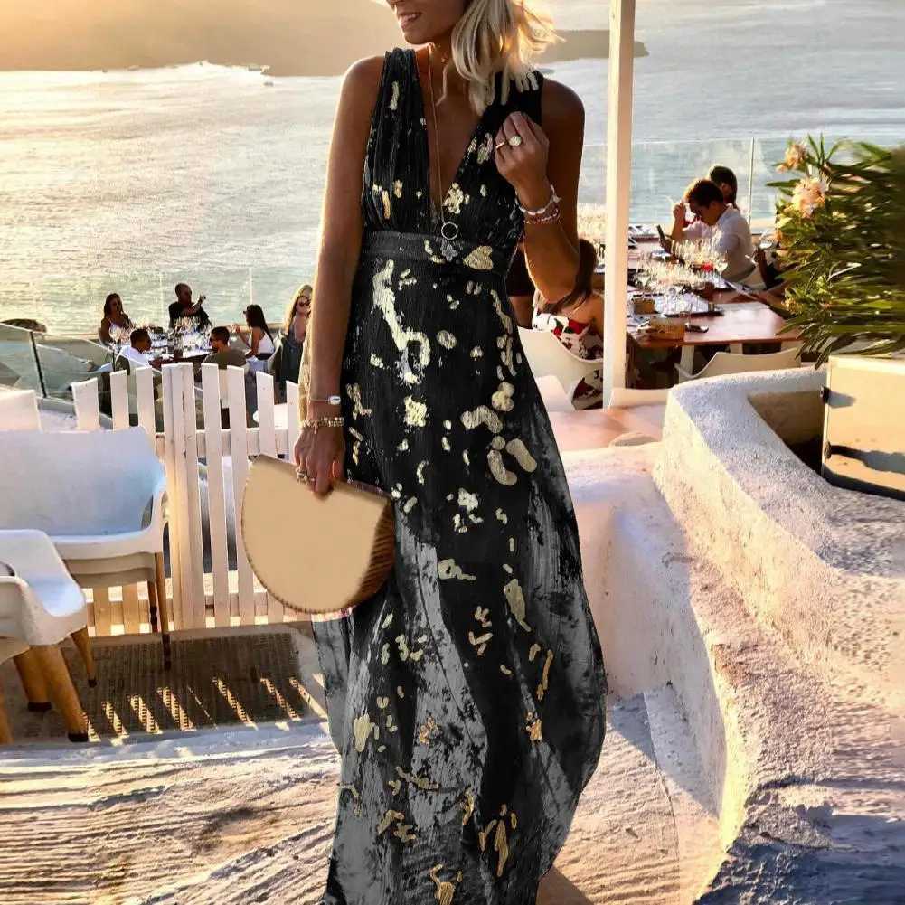 Party Dress Flowy Hem Soft Ankle-Length Elegant Bronzing Applique Casual Vest Gown Dress Beach Dress Female ClothingXJ250514
