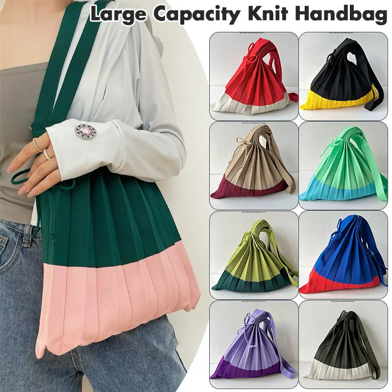 1pc Knitted Pleats Tote Organ Bag ner Chic Stitching Contrast Korean Retro Fashion Women Shoulder Shopper Handbag Foldable 250514
