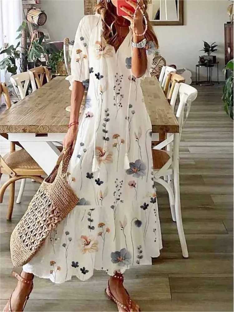 Spring Summer New Long Dress Sexy V-neck Drawstring Printed Long-sleeved Dress Casual Loose Fashionable Elegant DressXJ250514