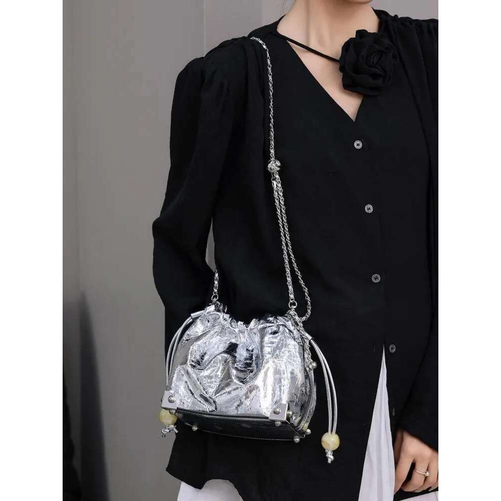 Spring Summer Women Drawstring Small Bucket Cow Split Leather Chain Bag Casual Handbag Ladies Single Shoulder Crossbody Bags