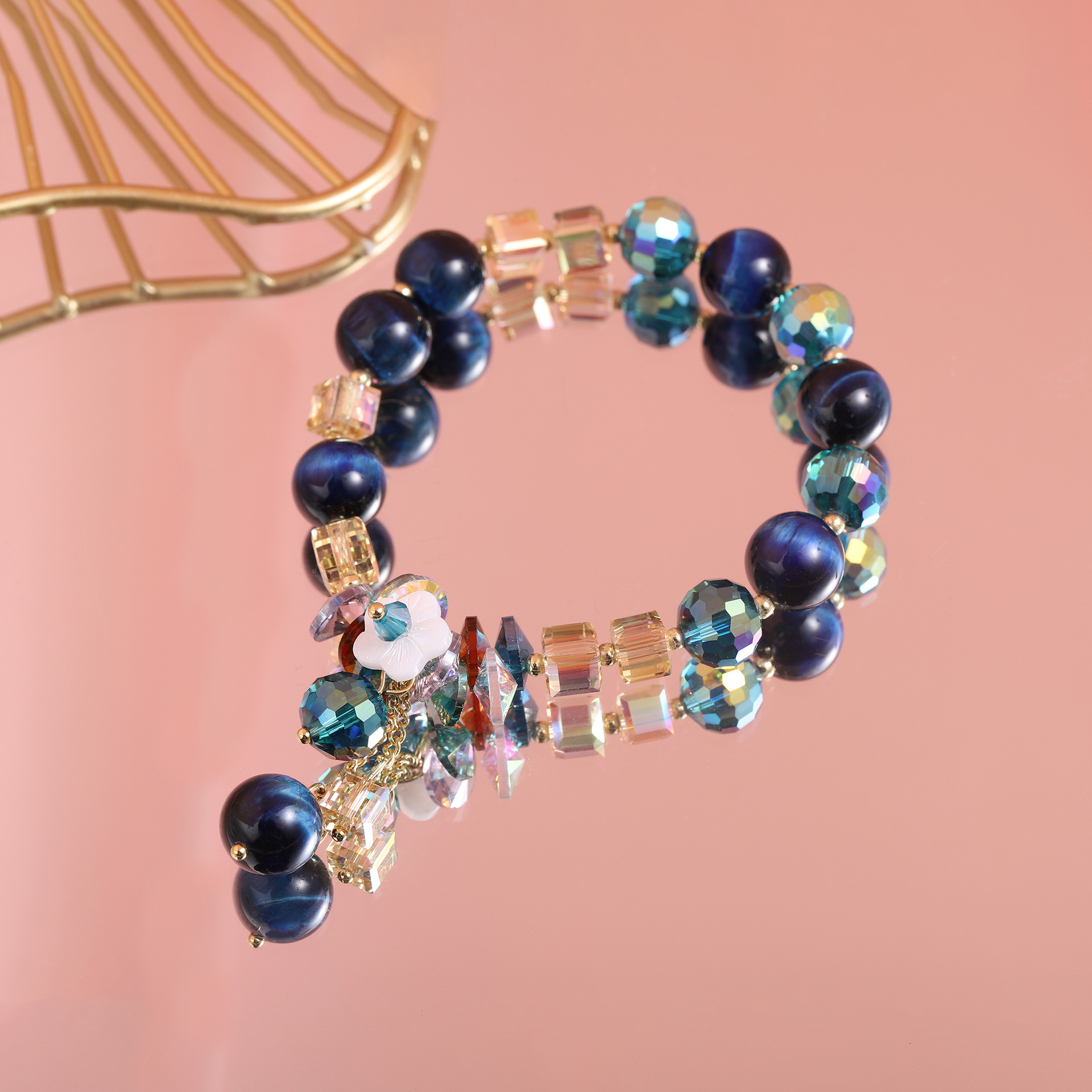 Minimalist Creative Tiger Eye Stone Shell Crystal Decorative Copper Plated Metal Chain Women's Elastic Adjustable Bracelet