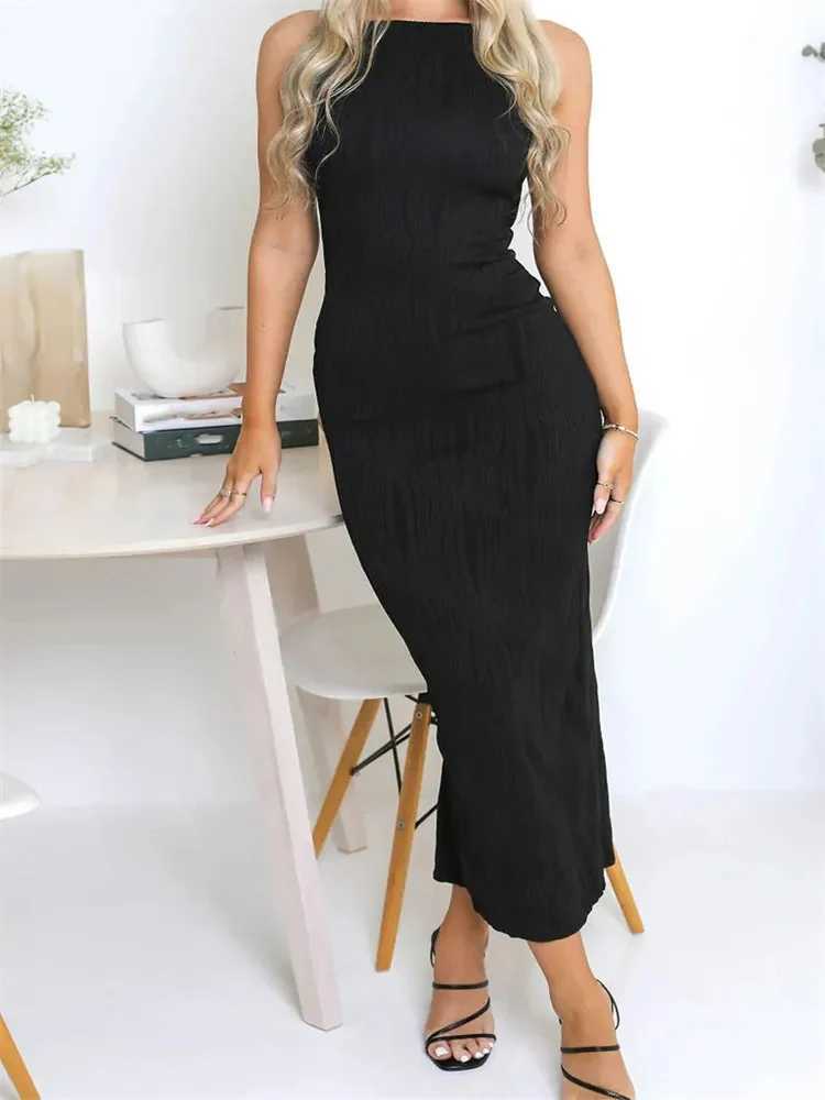 Sexy Women Long Dress Ruched Sleeveless Slim Solid Summer Party Back Split Dress Clubwear Female Dress OutfitsXJ250514