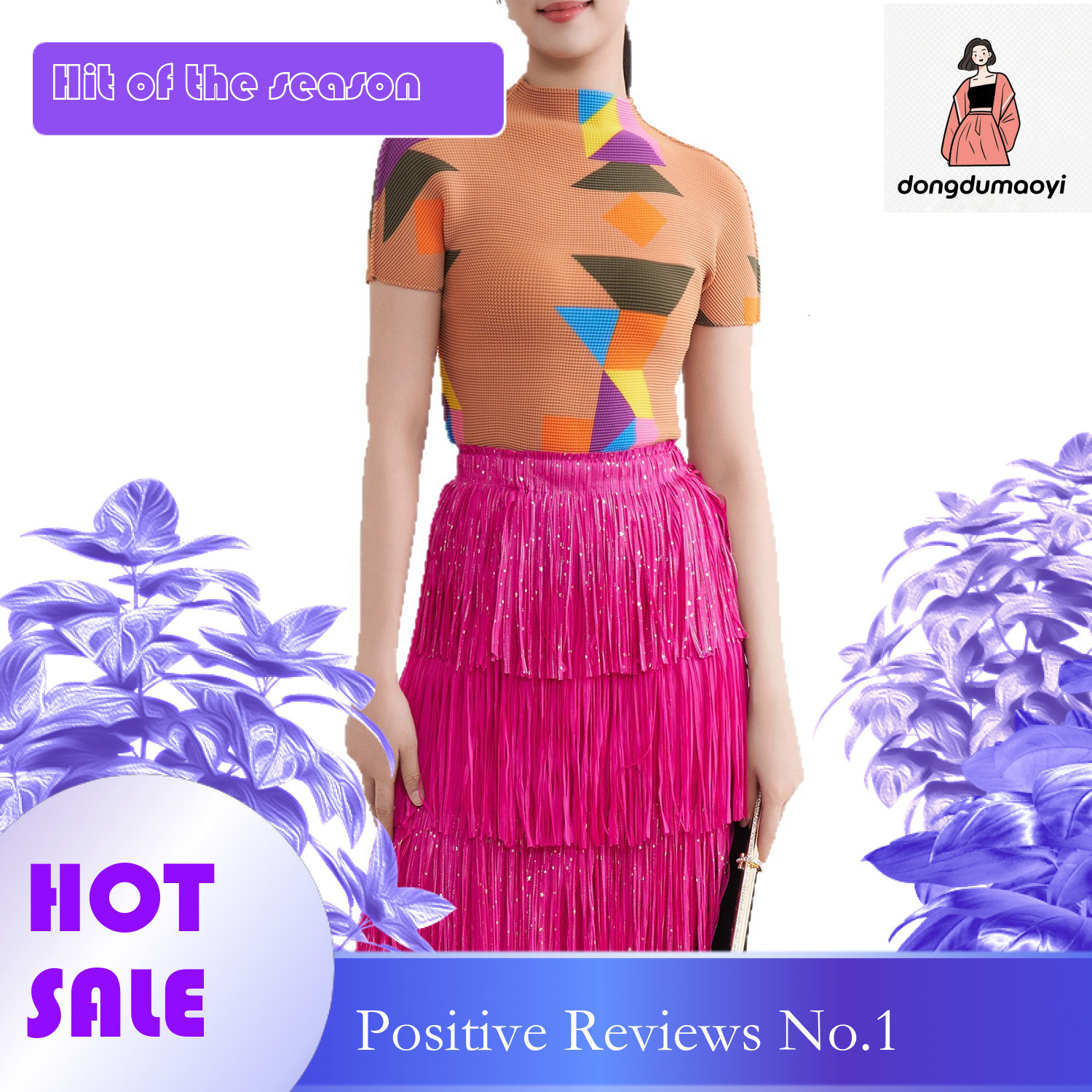 dongdumaoyi Counter quality pleated semi high neck T-shirt women in summer, with a high-end feel and printed slim fit temperament. Versatile top for w