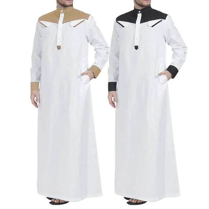 Traditional Muslim Clothing Contrast Color Muslim Dress Middle East Jubba Thobe Men Robe w/ Long Sleeves Mandarin Neck X250514