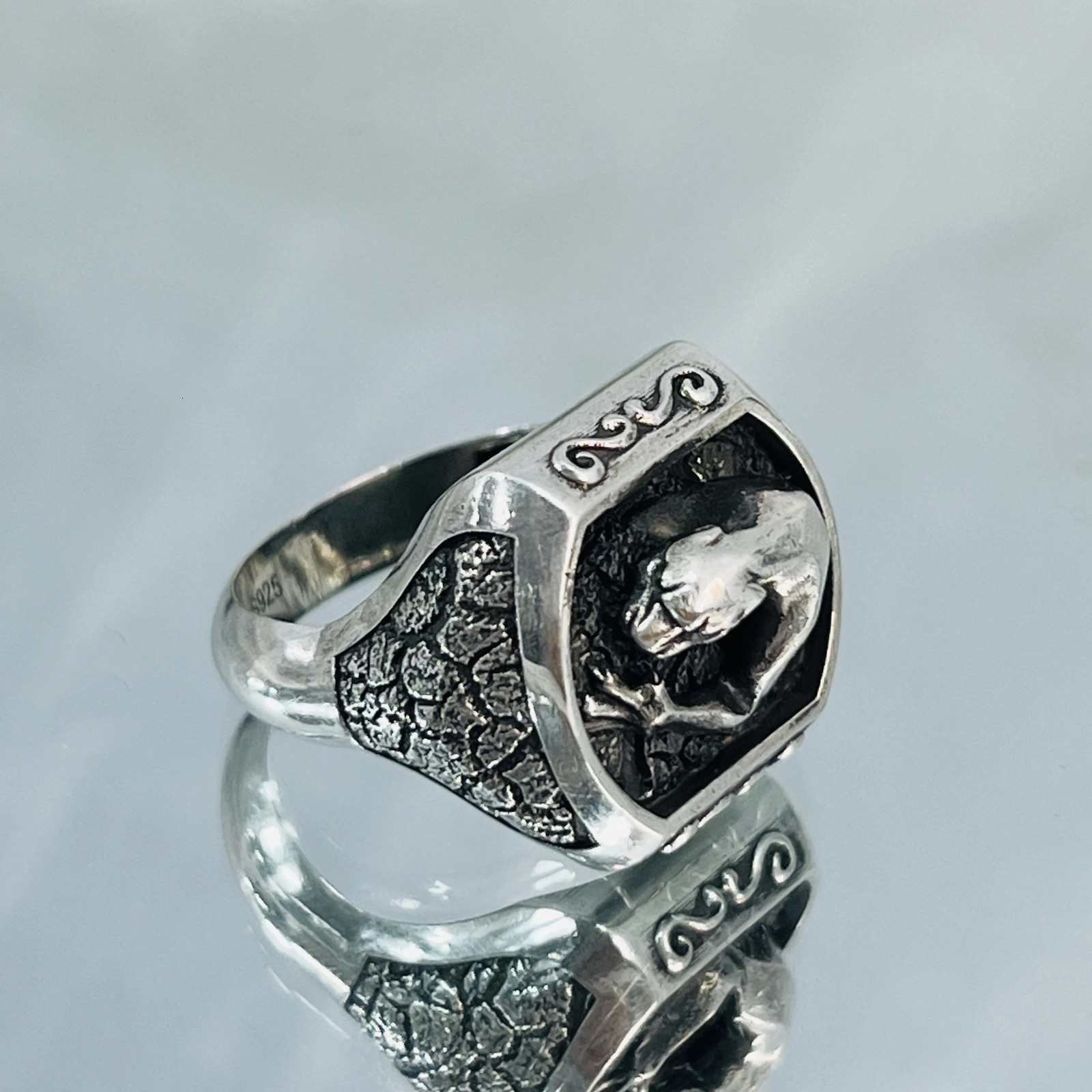 S925 Silver Vintage Made Old Cheetah Oxidized Black Ring Punk Wind Men and Women Ring 250509