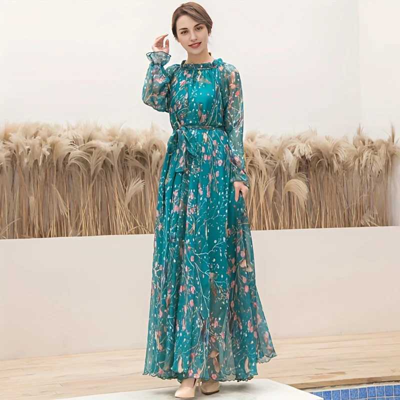 2024 Boho Floral Print Party Dress Women Vestidos Elegant Fashion Loose Chiffon Long Slve Muslim Abaya Islamic Clothing Robes X250514