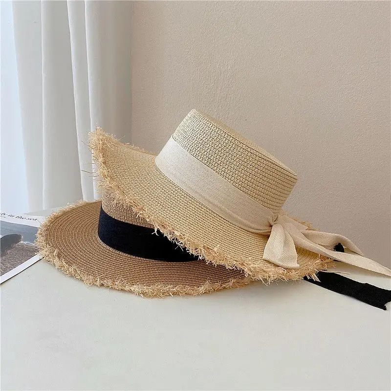 Beach HatJapanese Everything Hairy Edge Straw Hat Female Summer Flat Top Outing Sun Hat Small Fresh Bow Sun Shade Beach Hat 250514