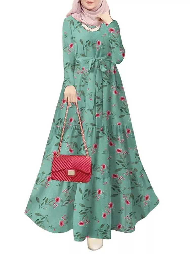 Ramadan Morocco Dubai Abayas for Women Print Dress Jalabiya Sashes Lace Up Eid Muslim Islam Vestidos Kaftan Saudi Arab Long Robe X250514