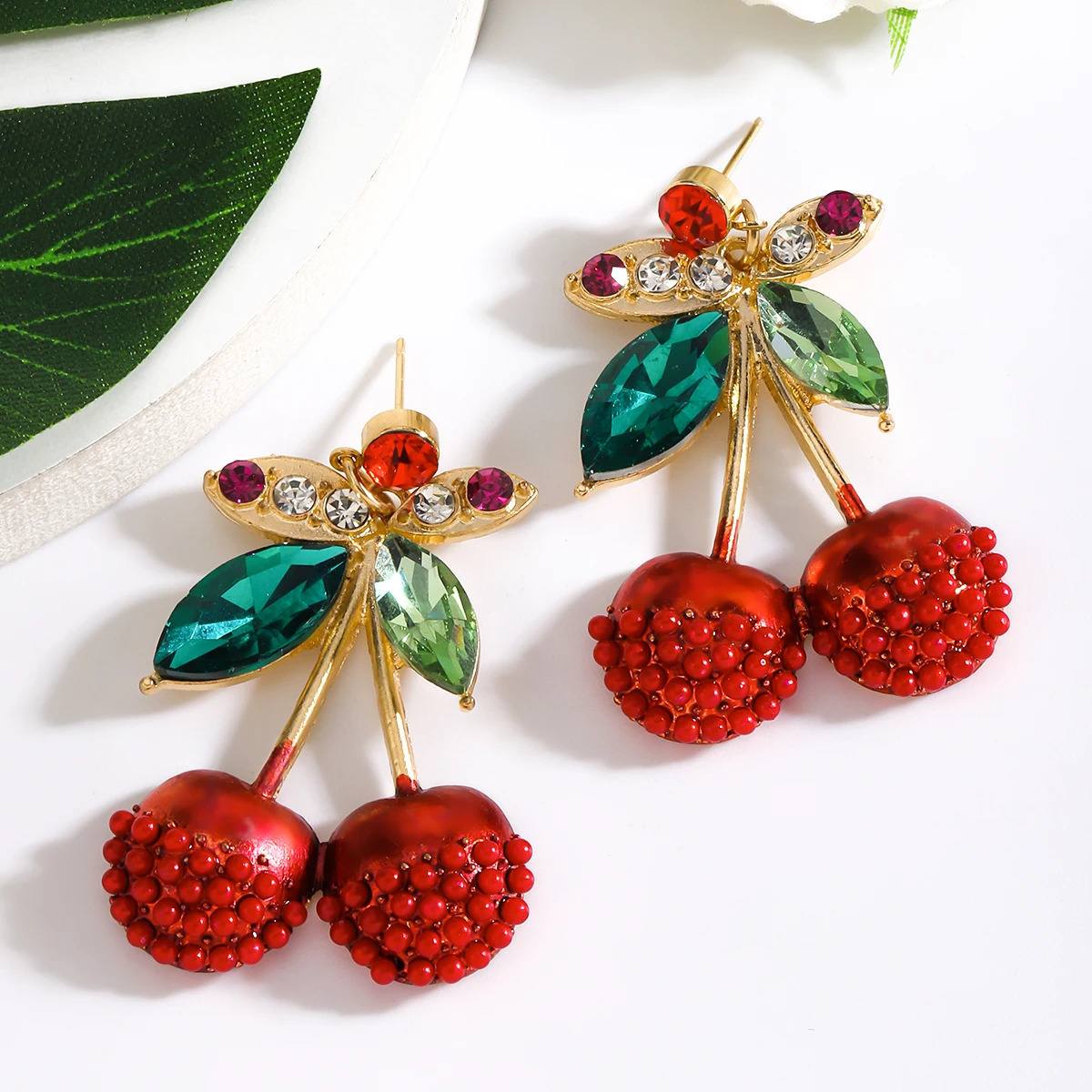 Vedawas Rhinestone Rice Bead Enamel Cherry Drop EarringsLovely Elegant Beaded Fruit Party Holiday Women Accessories 250514