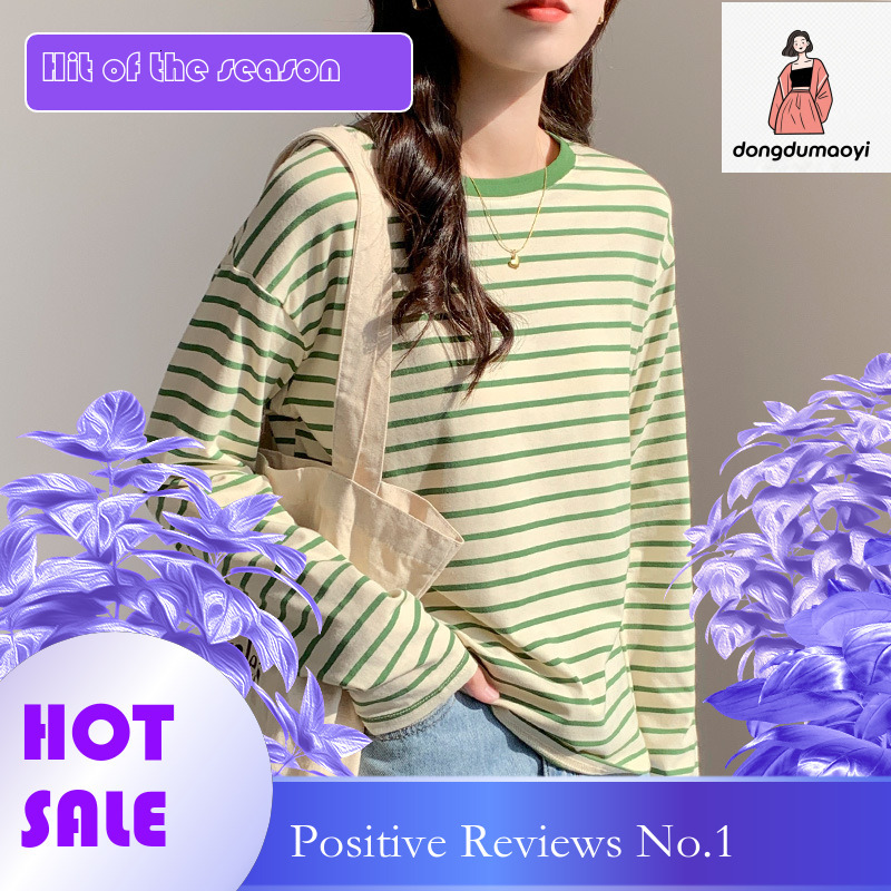 dongdumaoyi Early autumn striped bottom shirt for women with a stylish round neck loose and versatile long sleeved t-shirt, casual pure cotton top, th