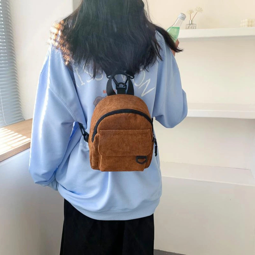 Womens Mini Backpack Fashion Solid Color Corduroy Small Simple Casual Traveling Large Capacity Durable Females Schoolbag 250514