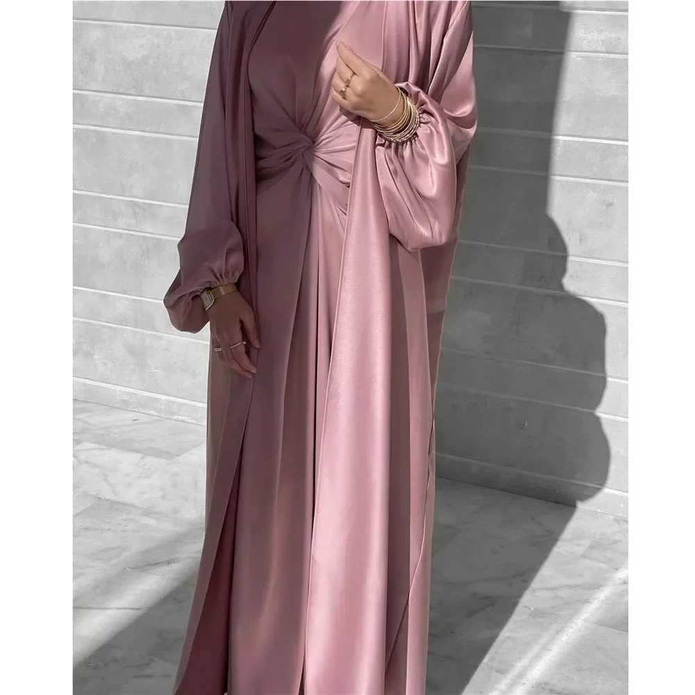 Muslim Hijab Dress Eid Satin Abayas 3 Piece Matching Sets Women Open Turkey Arab Robe Kaftan Kimono Femme Jalabiya Vestidos Gown X250514