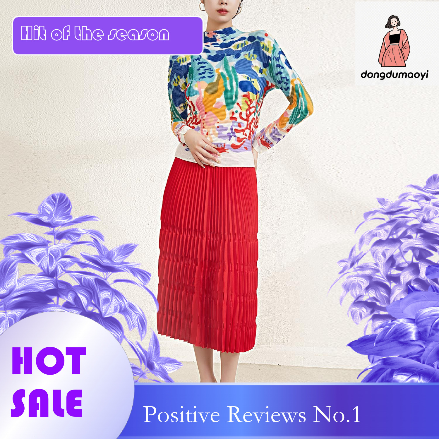 dongdumaoyi Miyake mainline graffiti women's high neck fashionable slim fit top autumn new long sleeved thin T-shirt base shirt for women