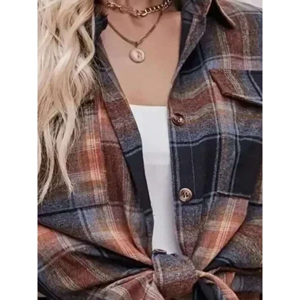 Spring/Summer Plus Size 1XL-5XL Women's Checkered Printed Long Sleeved Flipped Tie Button Commuter Fashion Shirt