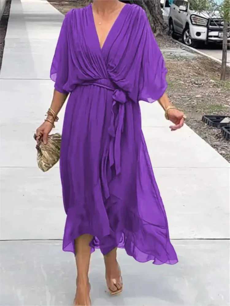 For Womens Beach Solid Color Lace-up Long Dress Spring Summer New Fashion Casual Bat Sleeve Irregular Elegant Female Dress 2025XJ250514