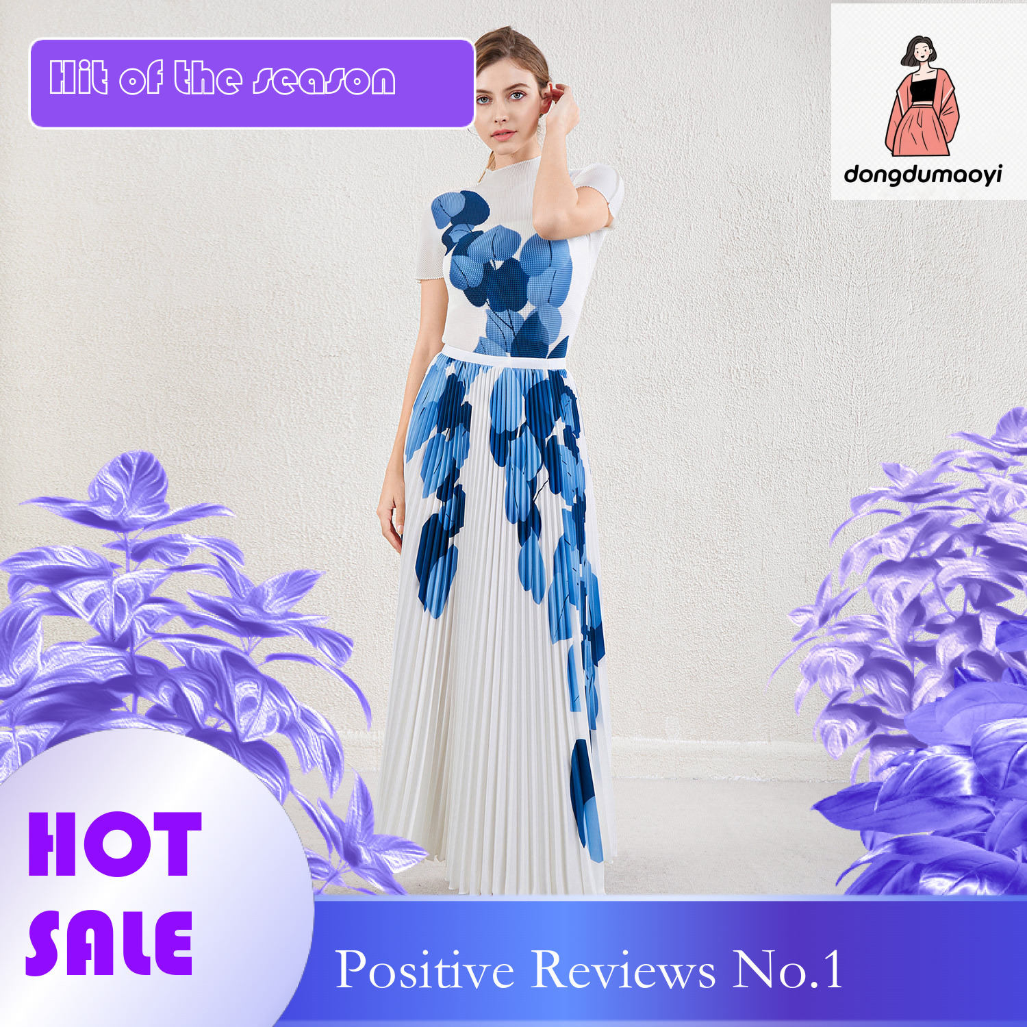 dongdumaoyi Fashionable printed pleated top, long T-shirt summer new style, three bedroom half skirt, two-piece set, women's clothing