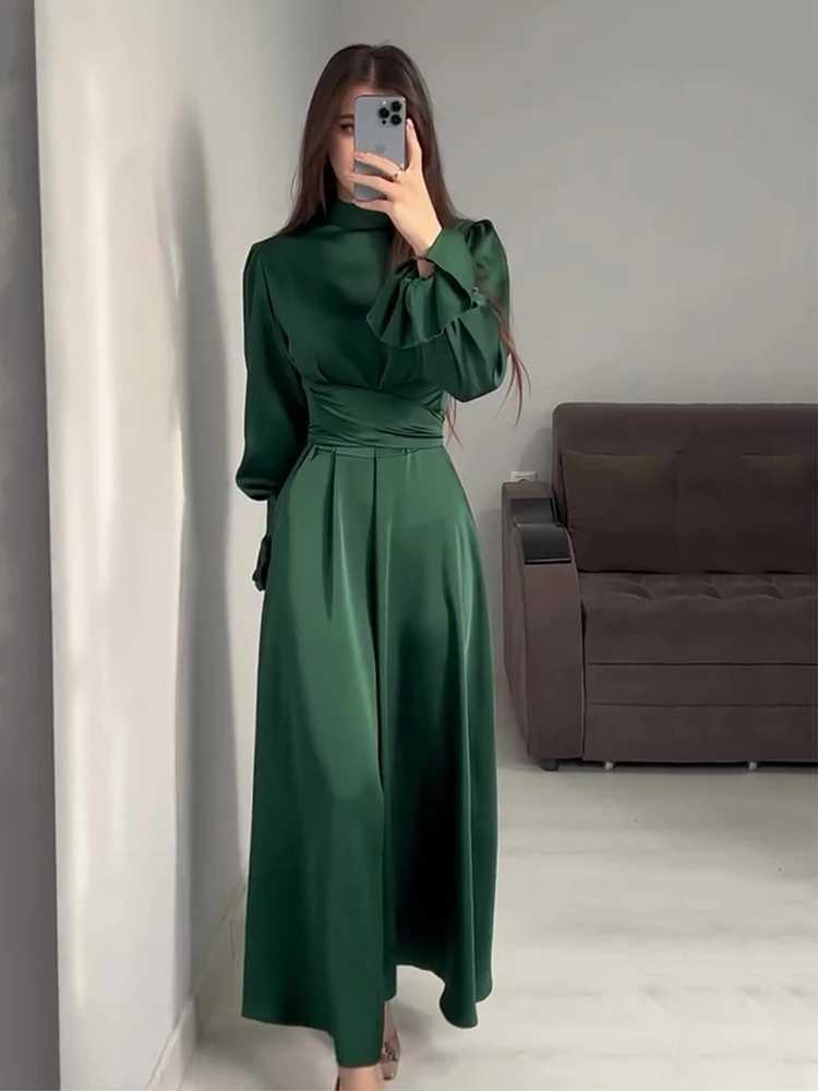 Eid Satin Muslim Dress for Women Abaya Party Dresses Ramadan Lace-up Islam Flare Slve Vestidos Largo Dubai Arab Long Robe 2024 X250514