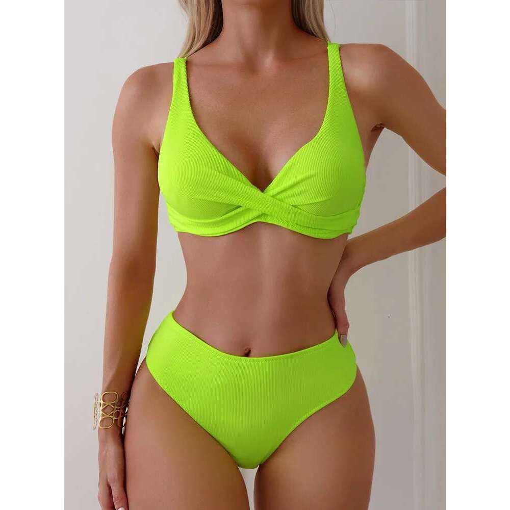 Sexy Backless V Neck 2 Piece Women Solid Split Swimsuit High Waist Beach Bikini New Summer Swimwear Bikinis Set