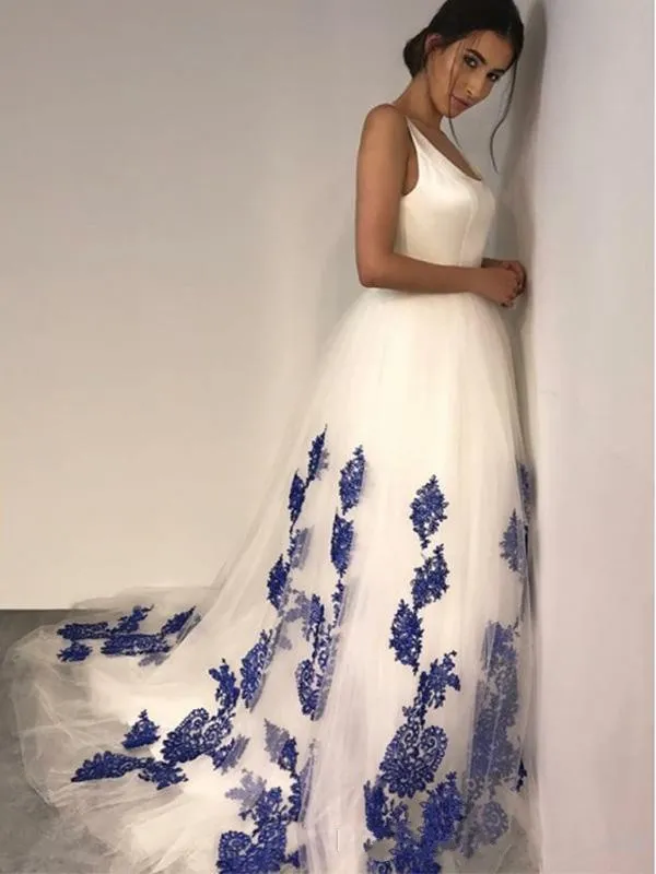 White With Blue Applique Beach Wedding Dresses Customsized A-line Scoop Zipper Summer Bohemian Bridal Gown Garment