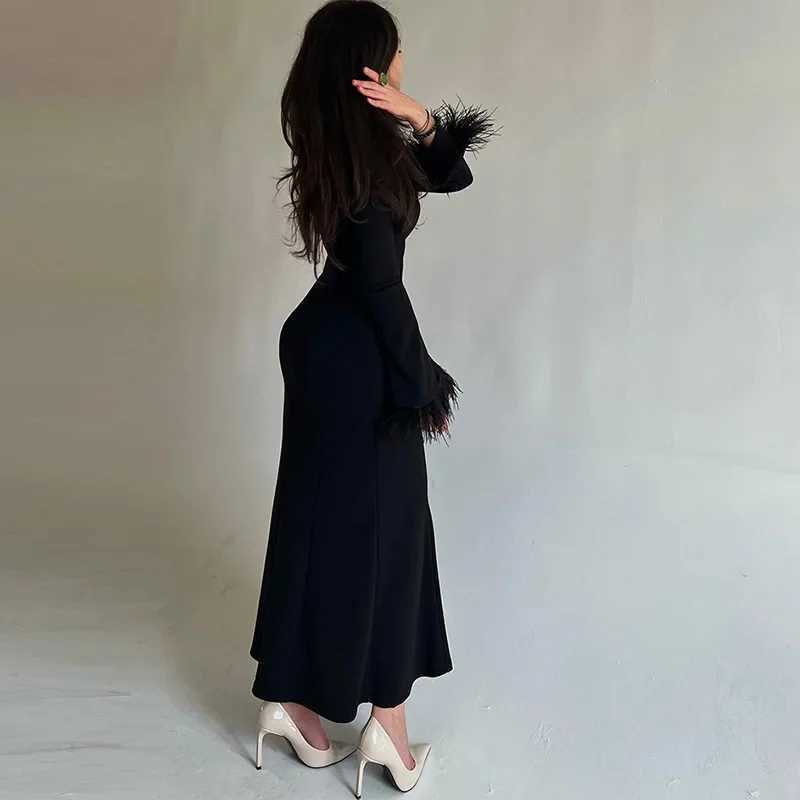 Summer Feathers Women Evening Dress Black Long Sleeve Bandage Skinny Sexy Elegant Dresses Female New Fashion Party Clothes LadyXJ250514