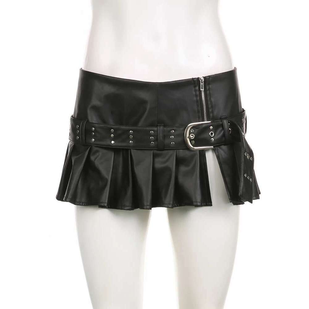 IAMSURE Sexy Slim A-Line Pleated Split Skirt With Sashes Solid Metal Buckle Low-Waisted Super Mini Skirts Women 2023 Summer