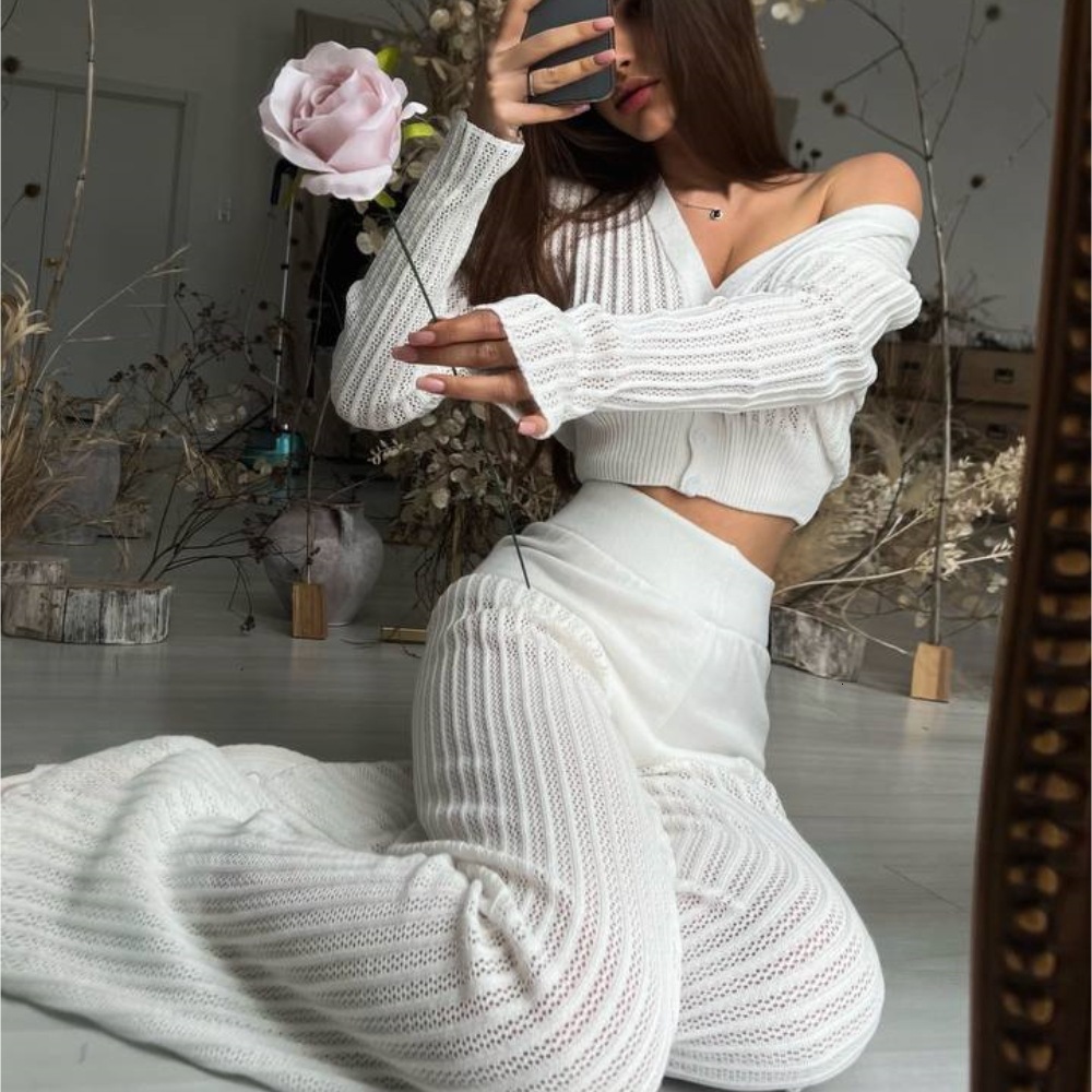 2025 Spring/Summer New Knitted Set Womens Perspective Casual Solid Color Hollow High Waist Pants Commuter Set