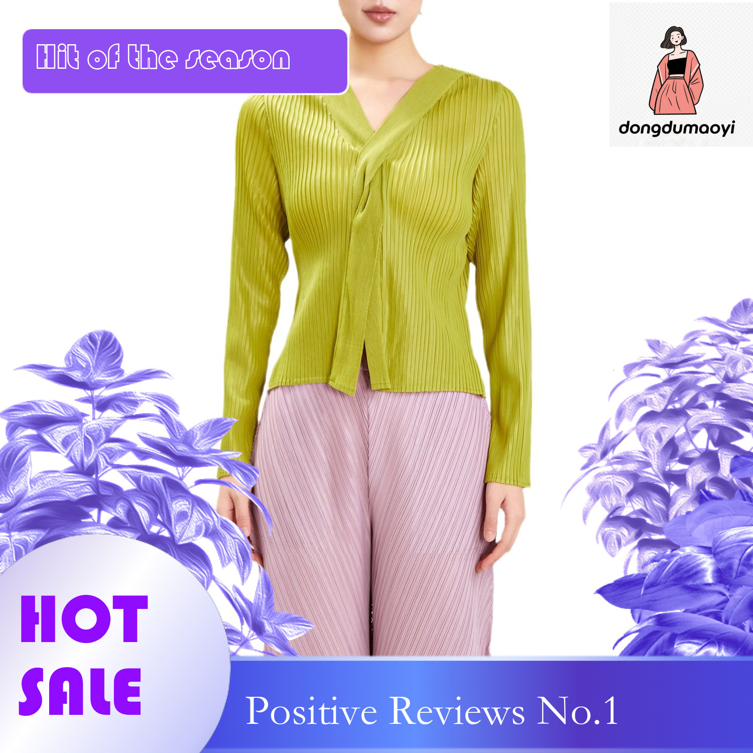 dongdumaoyi Wrinkled Knitted Spring/Summer New Style Miyake Fashion V-neck Design Sense Solid Color Long Sleeve Versatile Base Shirt Women's T-sh