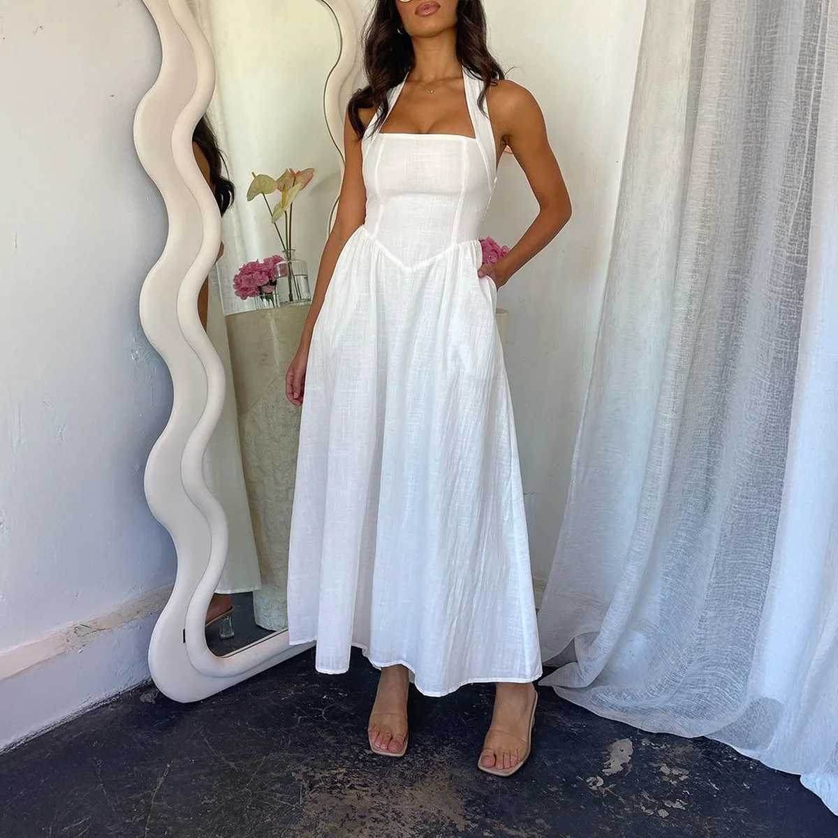 2025 Spring Summer Casual Vacation Solid Color High Waist Sleeveless Hanging Neck Dresses for Women Dress Women Female ClothingXJ250514