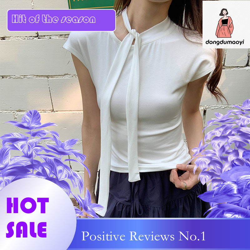 dongdumaoyi 2025 summer new solid color simple lace up short sleeved T-shirt, niche high-end feeling base shirt, soft and sticky inner layer