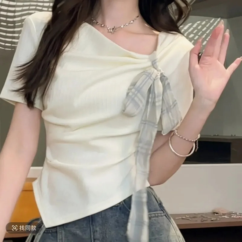 Womens Clothes Summer Korean Fashion Simplicity Allmatch Fashionable Drawstring Solid Color Oneck Short Sleeve Cotton Cardigan 250514