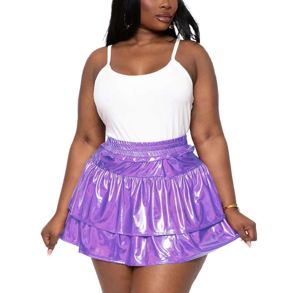 Plus Size Hologram Laser Tiered Pleated Mini for Womens High Elastic Waist A-line Pole Dancing Skirts Shiny Streetwear