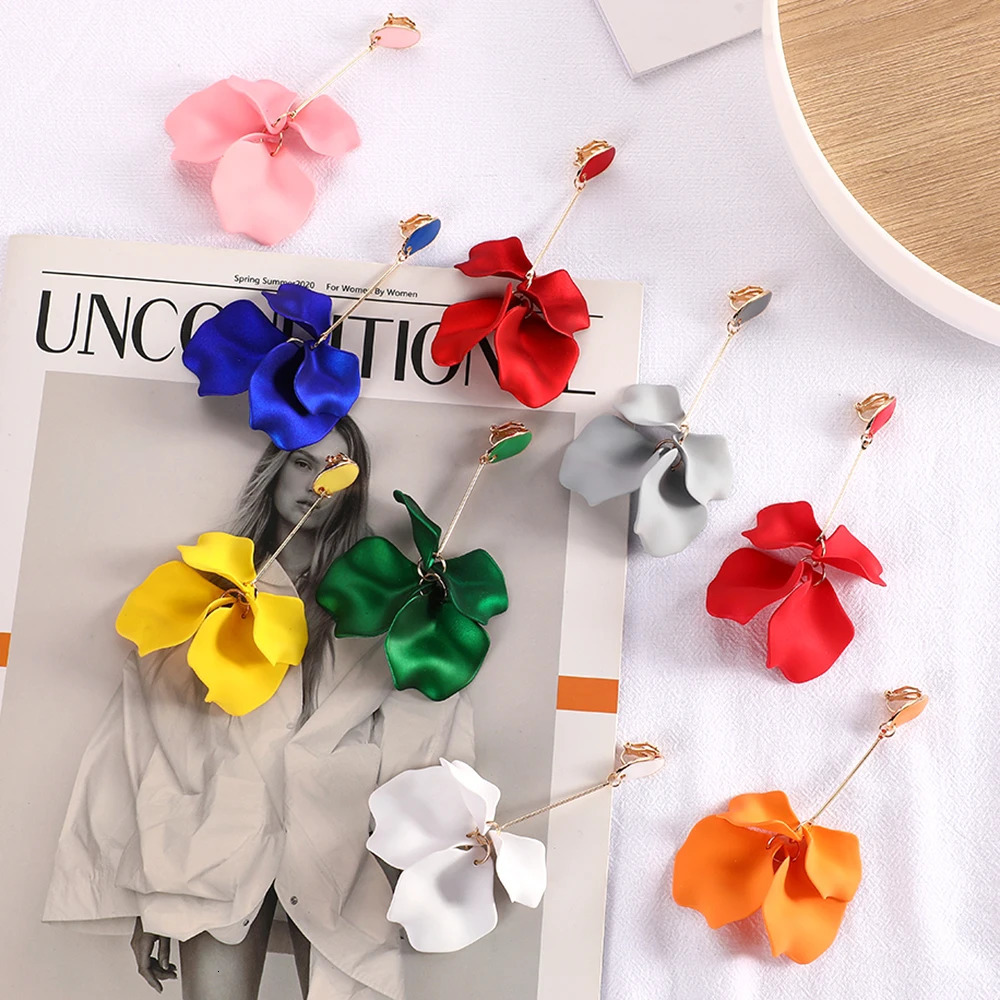Romantic Sweet Acrylic Petal Long Dangle clip Earrings For Women Girl Trend Fairy Grunge Pendant Jewelry Accessories 250513