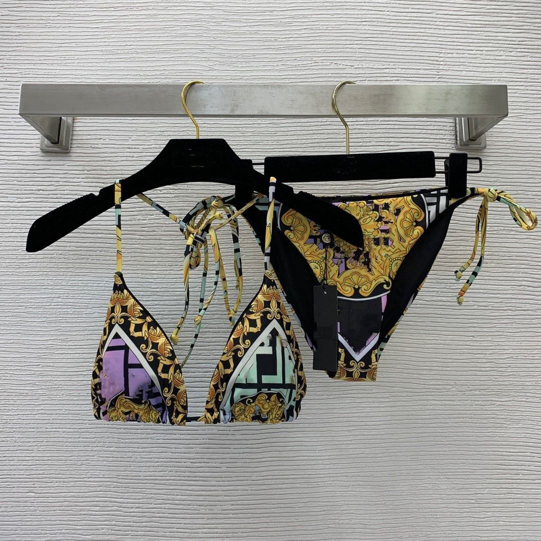 Women new sexy fashion logo letter flower print designer split 2 pcs swimwear suit bikini bathing set SMLXL