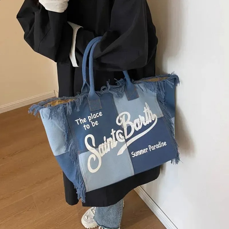 Shoulder Bag European American Beach Largecapacity Handmade Fringed Denim Printed Tote