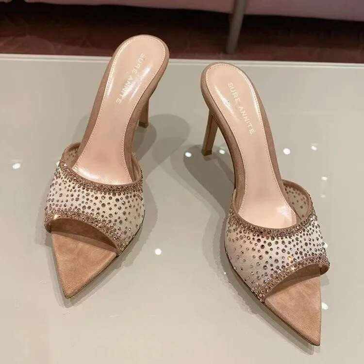 Fashionable stiletto rhinestone slippers pointed open toe slip-on high heel sandals