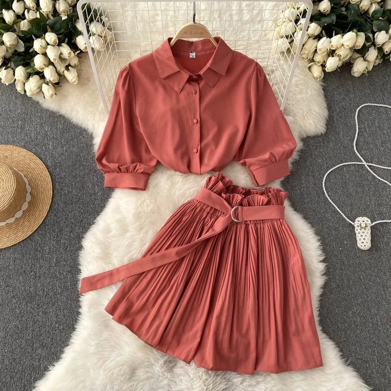 Two Peice Set For Women Summer Turn Down Collar Crop Top Shirt Pleated Mini Skirt Tracksuit Lounge Club Outfits Streetwear 250514