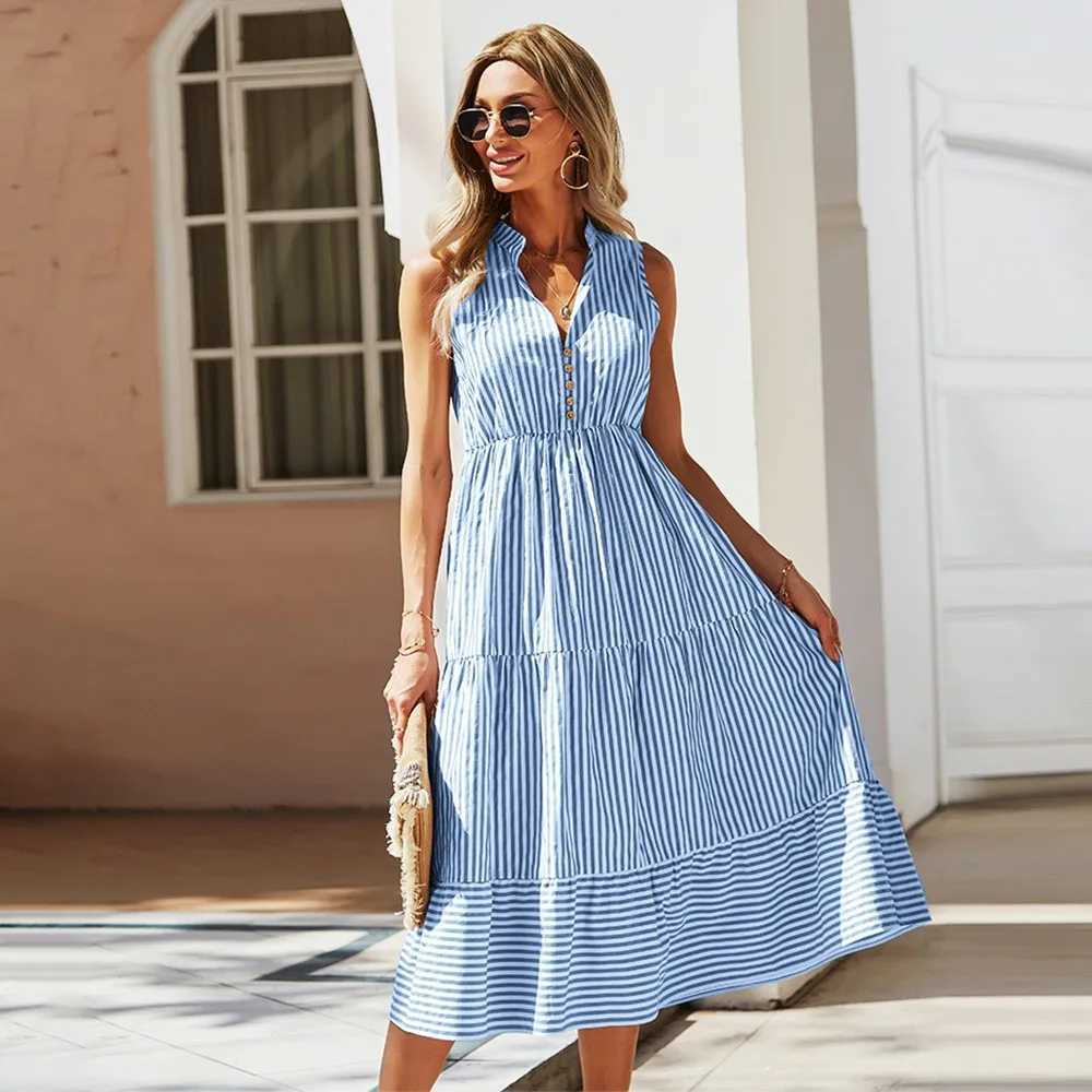 Vintage Boho Summer Midi Dress Women Sleeveless Casual Holiday Striped Shirt Dress Women Sundress Outfits Female Dress DressesXJ250514
