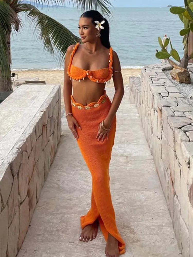 Sexy Knit Beach Skirts Suits Women Elegant Twisted Patchwork Shell Bra Top Sets Female High Waist Vacation Set 2 Pieces 250514